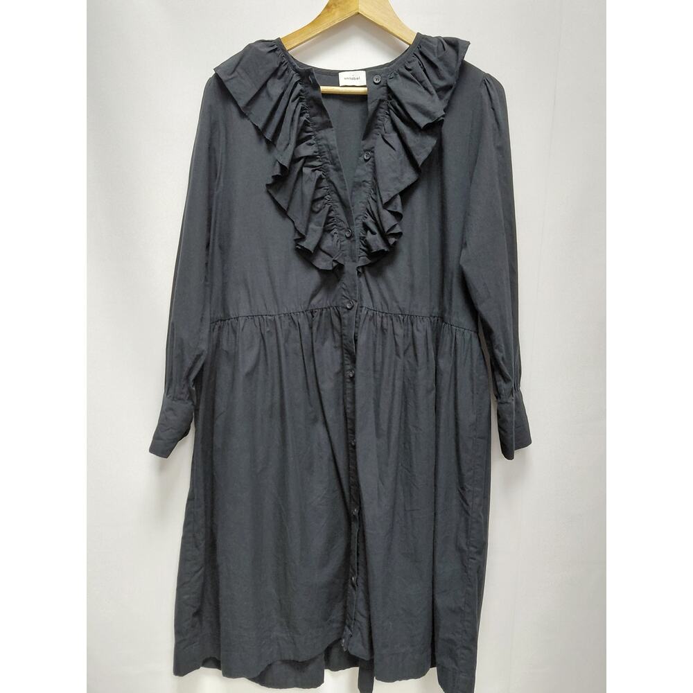 unlabel Cotton Ruffle Dress Black Solid Long Sleeve Knee Length Size 172/16